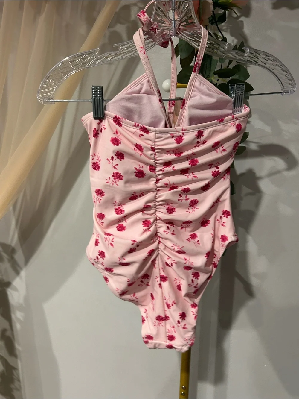 Shade & Shore Pink Floral Ruched Halter One Piece Swimsuit XS NWT
